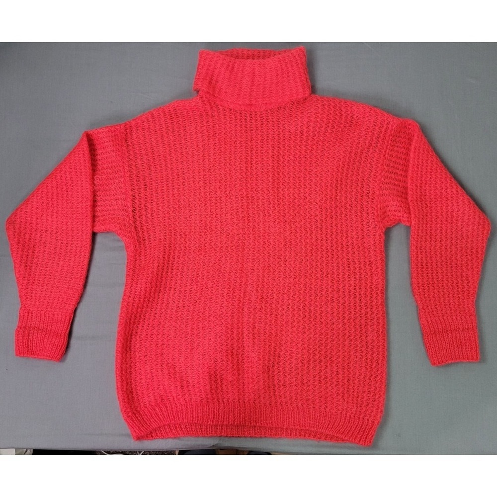 Vtg Ann Tjian Kenar Womens Turtleneck Sweater Mohair Blend Red Pink Oversized M